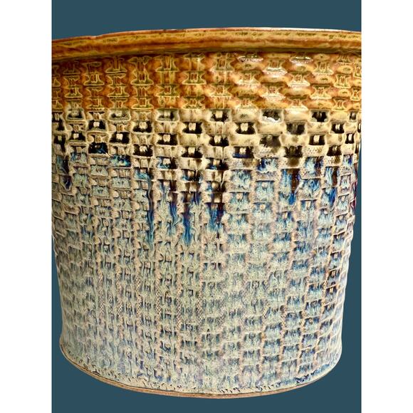 Brad Tucker Studio Pottery Basket Vase North Carolina Blue Brown Textured Glaze - Picture 3 of 9